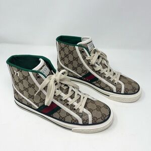 Gucci GG Monogram Canvas 1977 High Top Tennis Sneaker size 38 EU 8 US Web Stripe